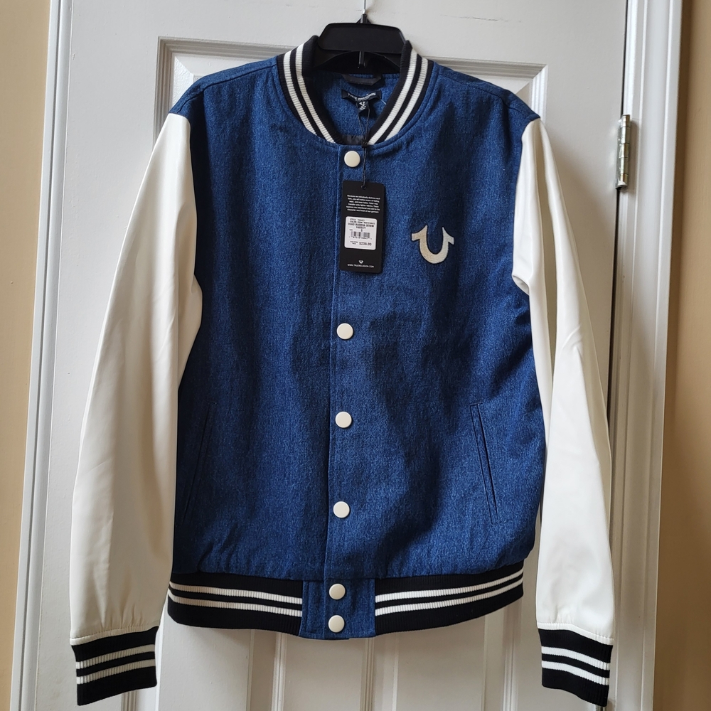 True Religion men's Quad Buddha Denim Varsity Jacket size S NWT